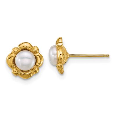 4-5mm White Button Freshwater Cultured Pearl Post Earrings 14k Gold Polished, XF898E,