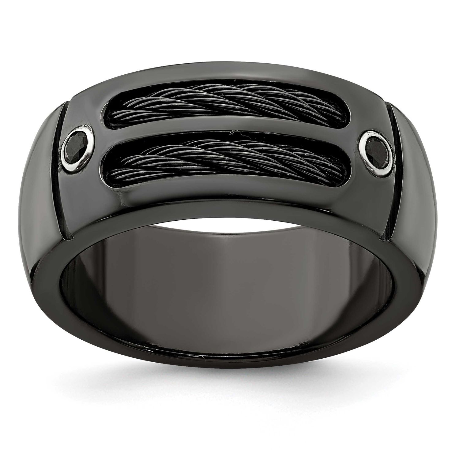 Edward Mirell Black Ti Double Cable and Black Spinel with Bezels 9.5mm Band Sterling Silver, EMR222