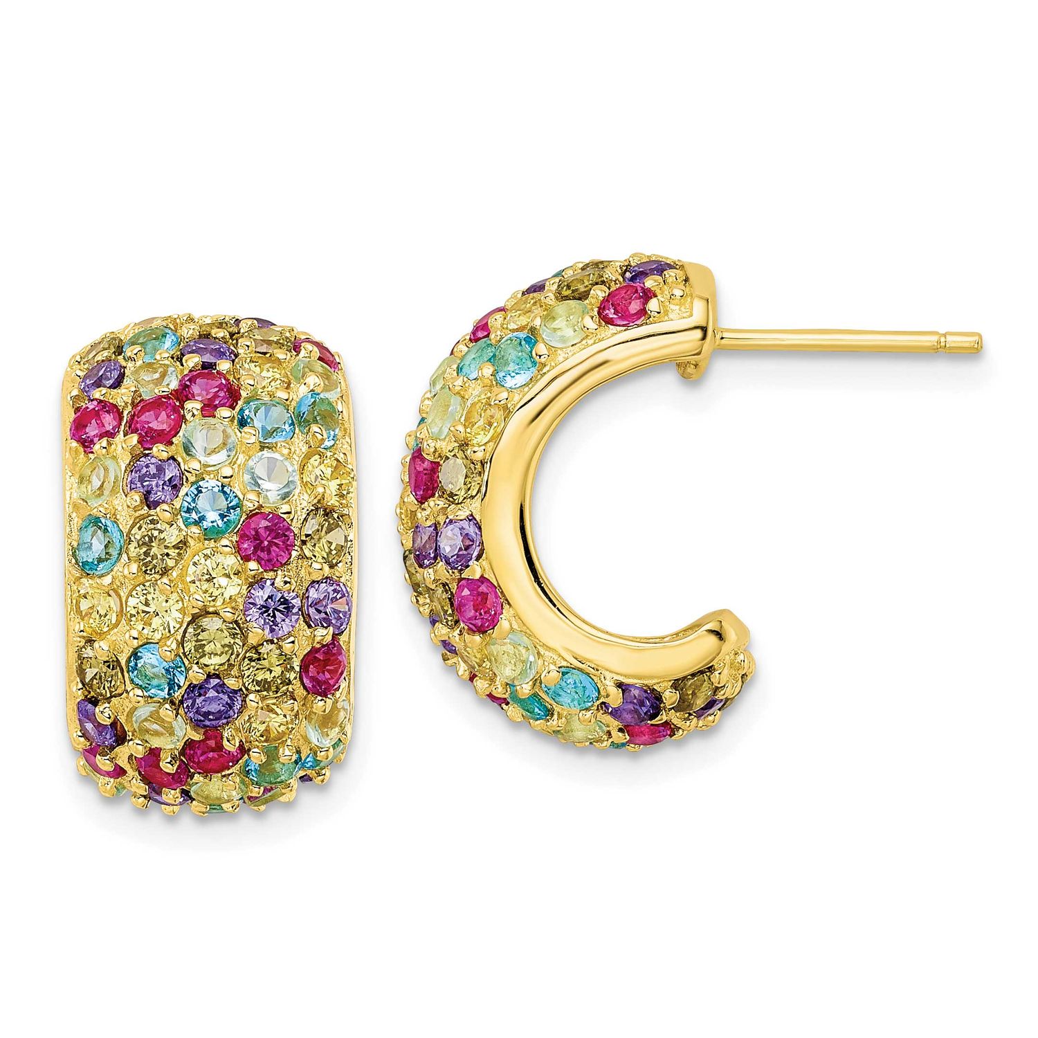 Cheryl M Polished Multicolor CZ Post C-Hoop Earrings Sterling Silver Gold-plated, QCM1969Y,
