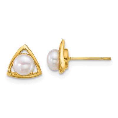 4-5mm White Button Freshwater Cultured Pearl Triangle Post Earrings 14k Gold Polished, XF896E,