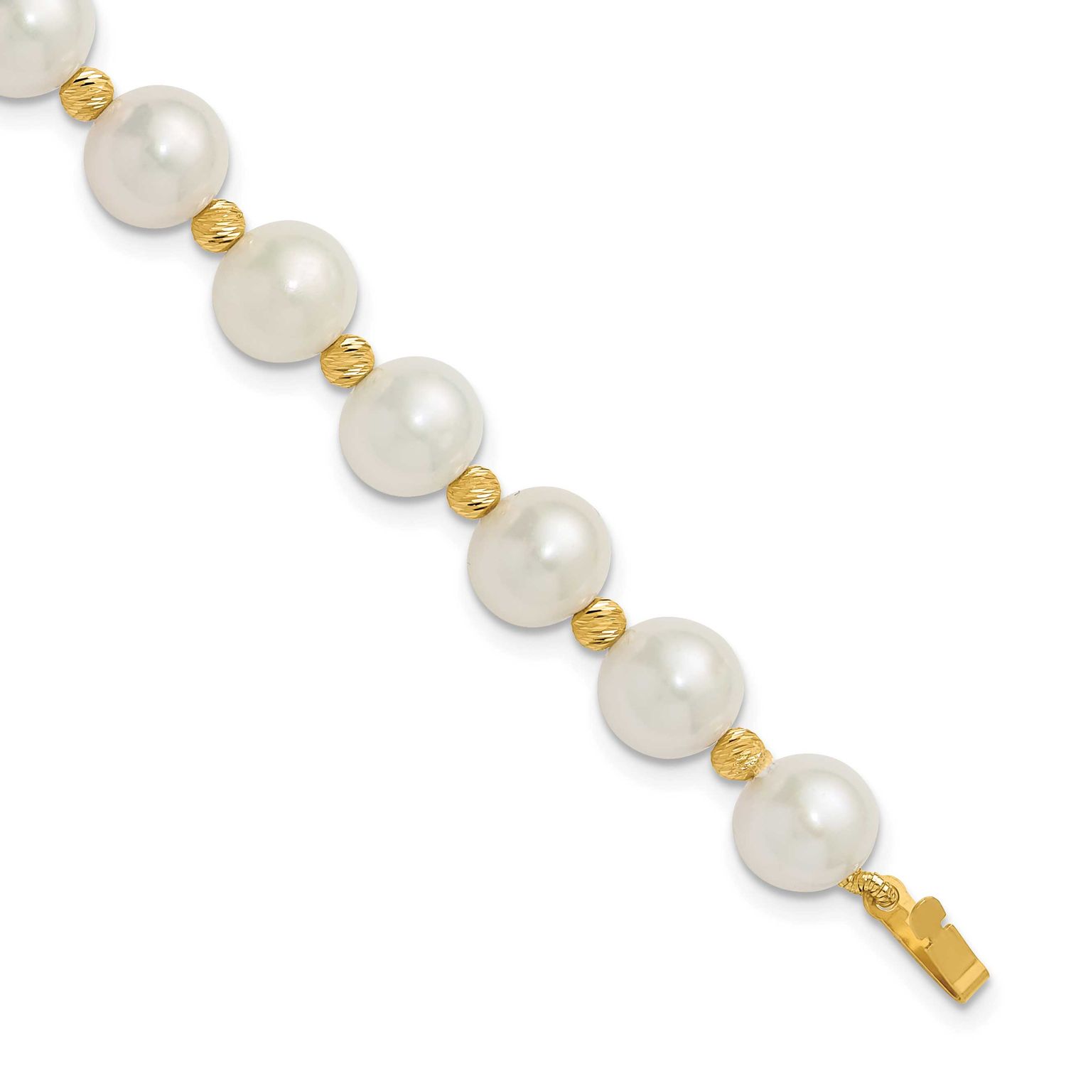 8-9mm White Near-Round Freshwater Cultured Pearl and Diamond-cut Beaded 7.5 inch Bracelet 14k Gold,