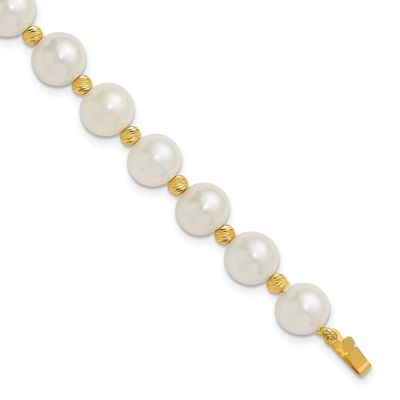 8-9mm White Near-Round Freshwater Cultured Pearl and Diamond-cut Beaded 7.5 inch Bracelet 14k Gold,