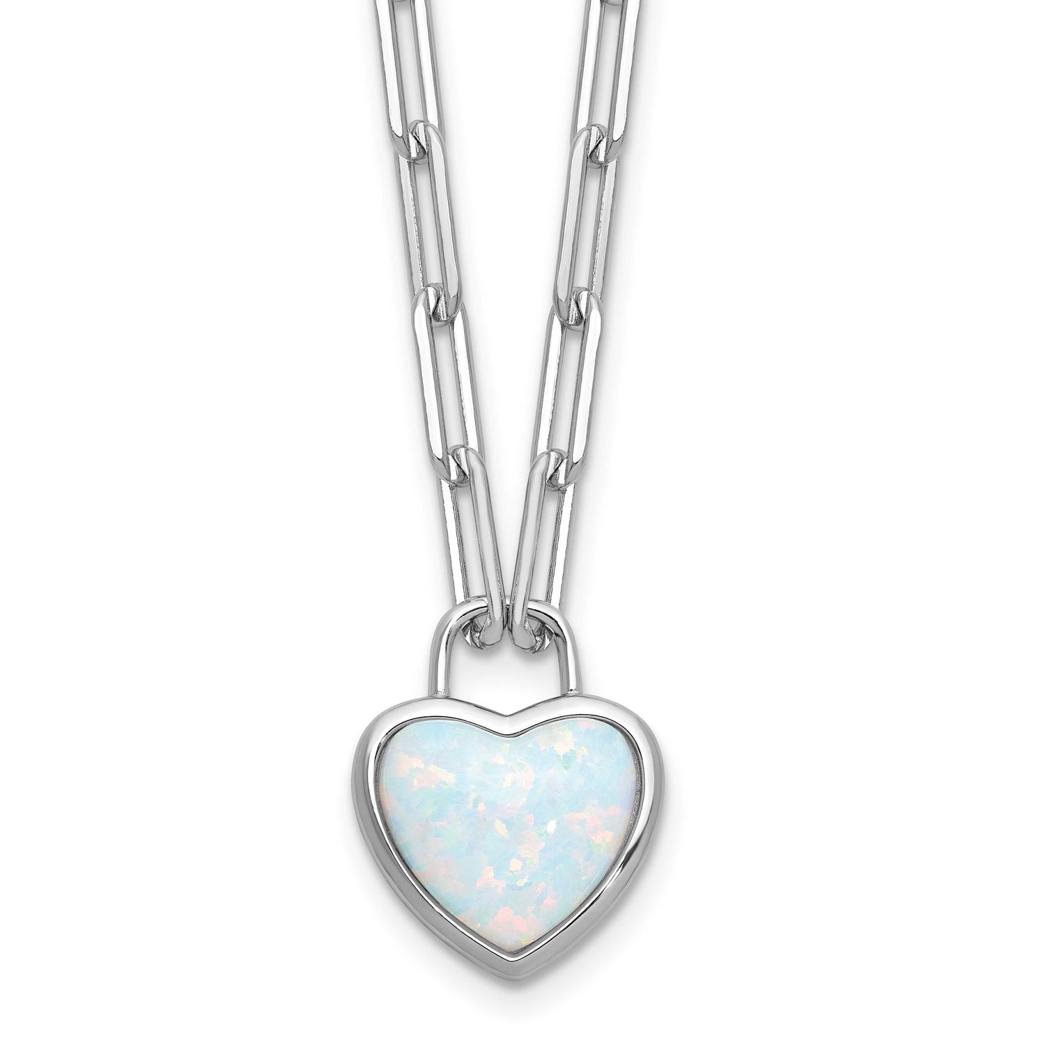 Cheryl M Polished Created Opal Heart Paperclip Link Necklace Sterling Silver Rhodium-plated, QCM182