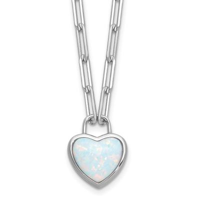 Cheryl M Polished Created Opal Heart Paperclip Link Necklace Sterling Silver Rhodium-plated, QCM182
