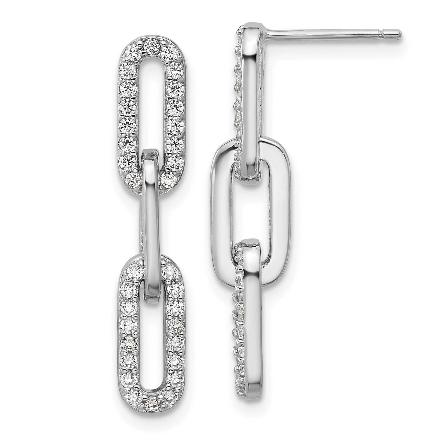 Cheryl M Polished CZ Paperclip Link Post Dangle Earrings Sterling Silver Rhodium-plated, QCM1766, 1
