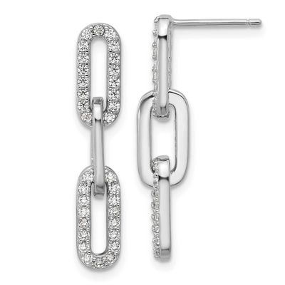 Cheryl M Polished CZ Paperclip Link Post Dangle Earrings Sterling Silver Rhodium-plated, QCM1766, 1