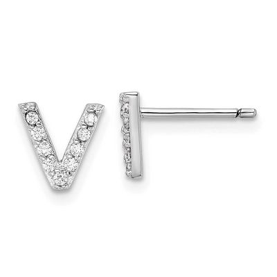 Cheryl M Polished Letter V CZ Initial Post Earrings Sterling Silver Rhodium-plated, QCM1867V,