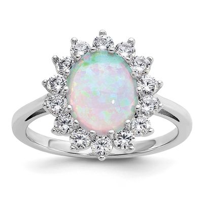 Cheryl M Polished Created Opal and CZ Oval Halo Ring Sterling Silver Rhodium-plated, QCM1808-7, 196