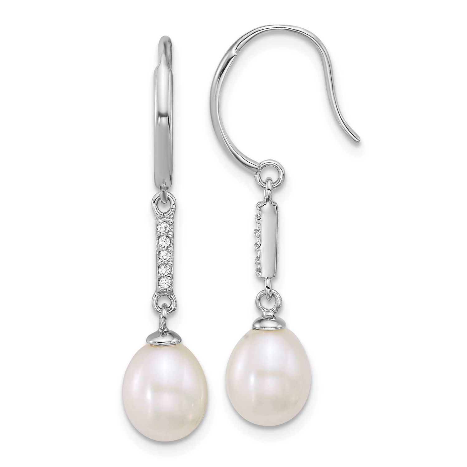 6-8mm Teardrop White Freshwater Cultured Pearl and CZ Shepherd Hook Dangle Earrings Sterling Silver