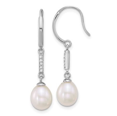 6-8mm Teardrop White Freshwater Cultured Pearl and CZ Shepherd Hook Dangle Earrings Sterling Silver