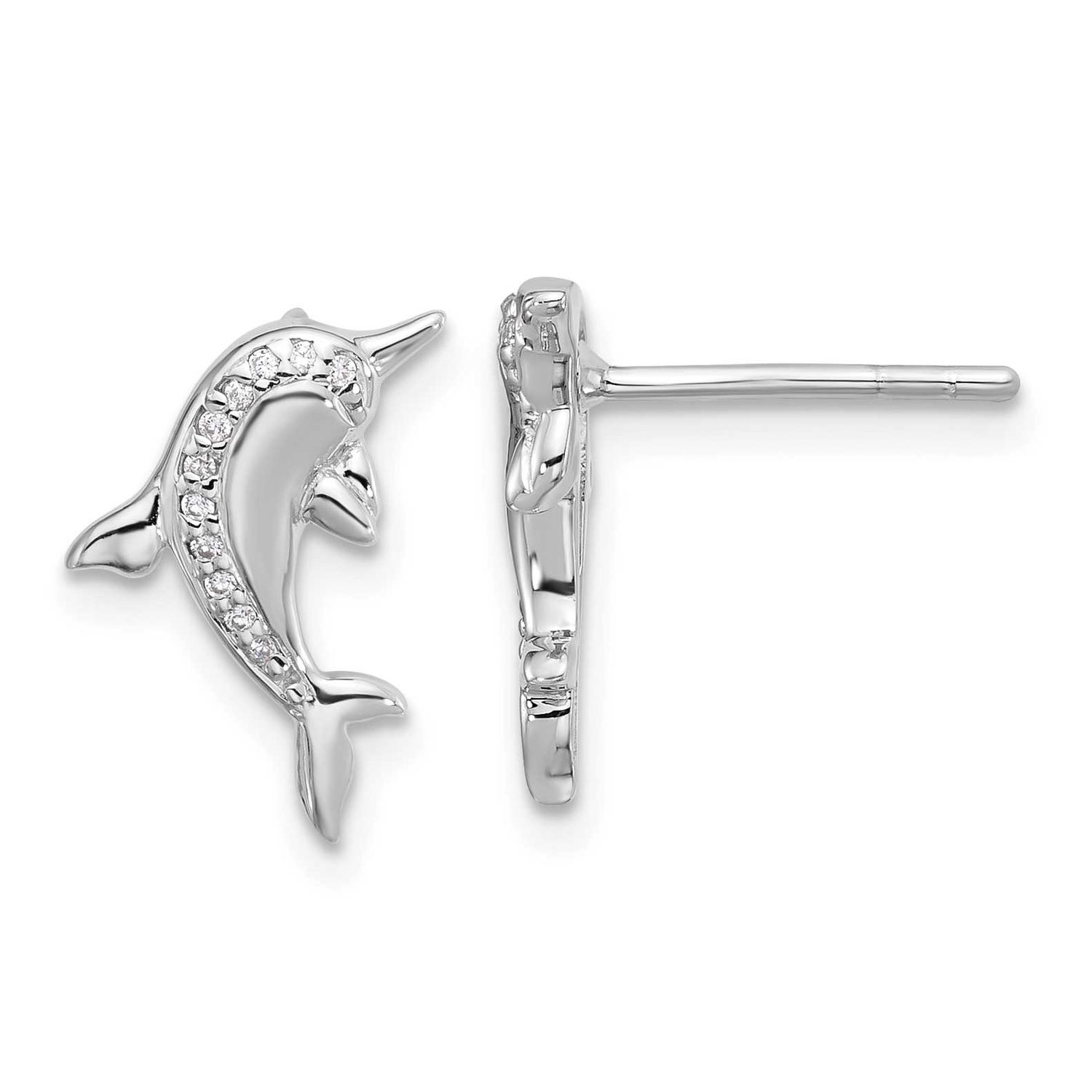 Polished CZ Dolphin Post Earrings Sterling Silver Rhodium-plated, QE17795,