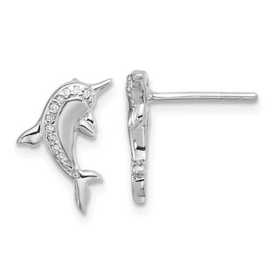Polished CZ Dolphin Post Earrings Sterling Silver Rhodium-plated, QE17795,