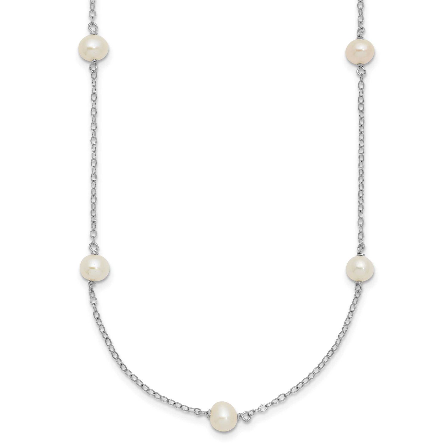 White Near Round Freshwater Cultured Pearl 8-station 20 inch Necklace Sterling Silver Rhodium-plate