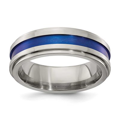 Edward Mirell Gray Blue Anodized Stripe Flat Grooved Step Edge 7mm Band Titanium, EMR103-7MM-12.5,