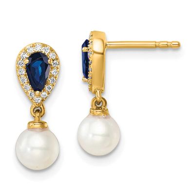 Diamond Pearl and Sapphire Dangle Post Earrings 14k Gold Polished, EM9982-SA-010-YAA,