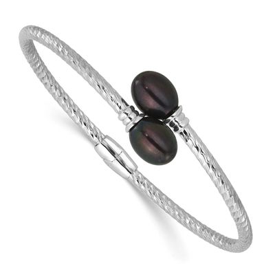 8-9mm Black Rice Freshwater Cultured Pearl Hinged Bangle Sterling Silver Rhodium-plated, QH5645B,