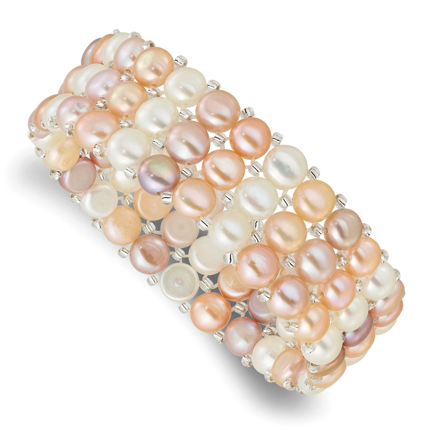 6-7mm Button Freshwater Cultured Pearl and Glass Beaded 3-row Stretch Bracelet , QH5837,