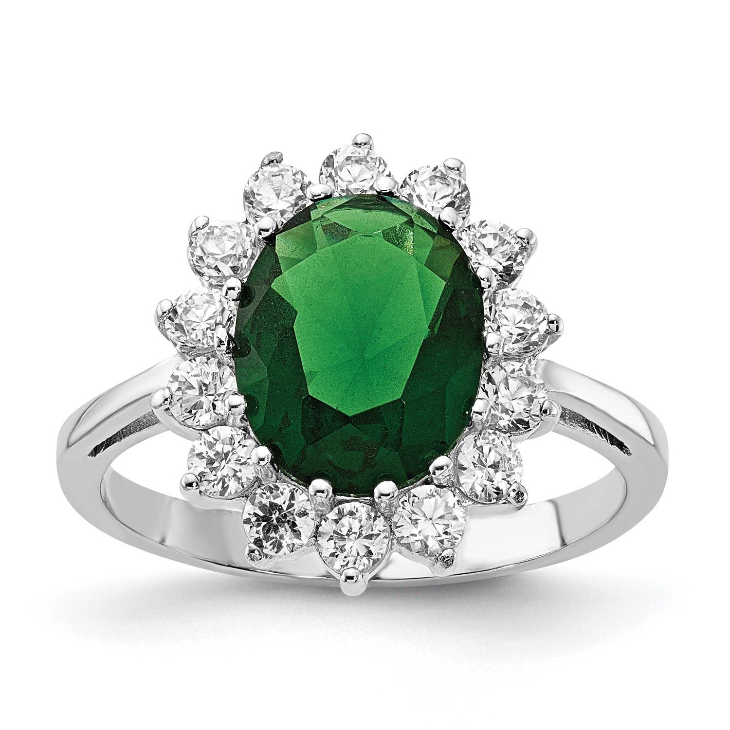 Cheryl M Polished Green Glass and CZ Oval Halo Ring Sterling Silver Rhodium-plated, QCM1942-7,