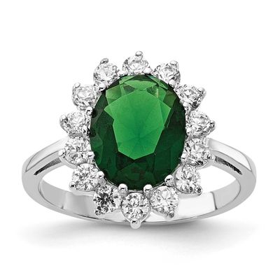Cheryl M Polished Green Glass and CZ Oval Halo Ring Sterling Silver Rhodium-plated, QCM1942-7,
