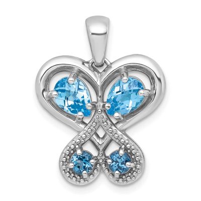 Polished Light Swiss Blue Topaz and London Blue Topaz Heart Butterfly Pendant Sterling Silver Rhodi