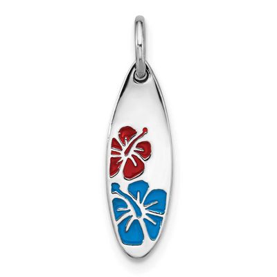 Polished Enamel Flower Surfboard Pendant Sterling Silver Rhodium-plated, QP5905,
