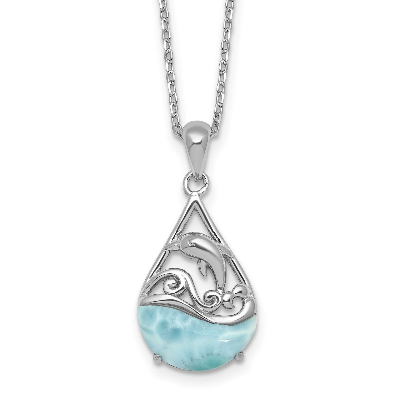 Larimar Dolphin Teardrop 16in 2in Ext Necklace Sterling Silver Rhodium-plated, QG7101-16,