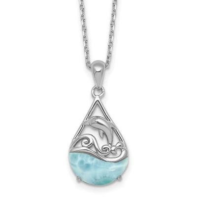 Larimar Dolphin Teardrop 16in 2in Ext Necklace Sterling Silver Rhodium-plated, QG7101-16,
