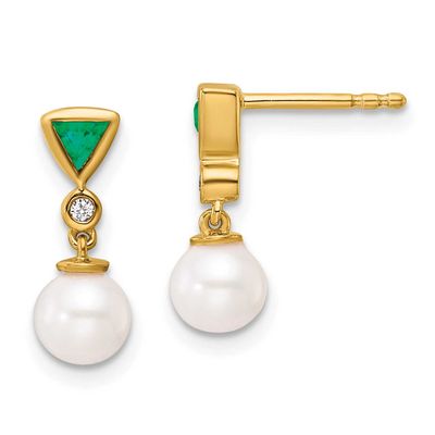 Diamond and Emerald Pearl Dangle Post Earrings 14k Gold Polished, EM10036-EM-002-YAA,