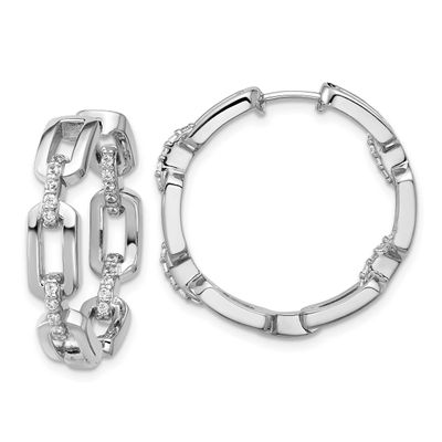 Cheryl M Polished CZ Link In and Out Hinged Round Hoop Earrings Sterling Silver Rhodium-plated, QCM