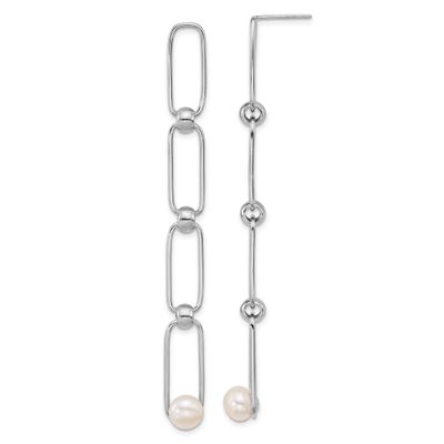 6-7mm White Button Freshwater Cultured Pearl Open Link Long Post Dangle Earrings Sterling Silver Rh