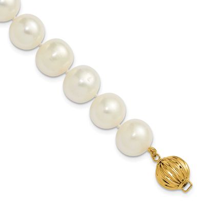 10-11mm White Near Round Freshwater Cultured Pearl 7.5 inch Bracelet 14k Gold, XF872-7.5,