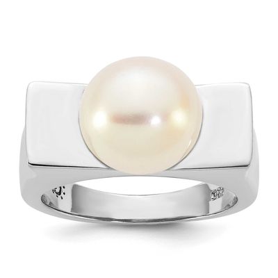 10-11mm White Button Freshwater Cultured Pearl Square Ring Sterling Silver Rhodium-plated, QR7750-6,