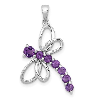 Polished Amethyst Dragonfly Pendant Sterling Silver Rhodium-plated, QP6011AM,