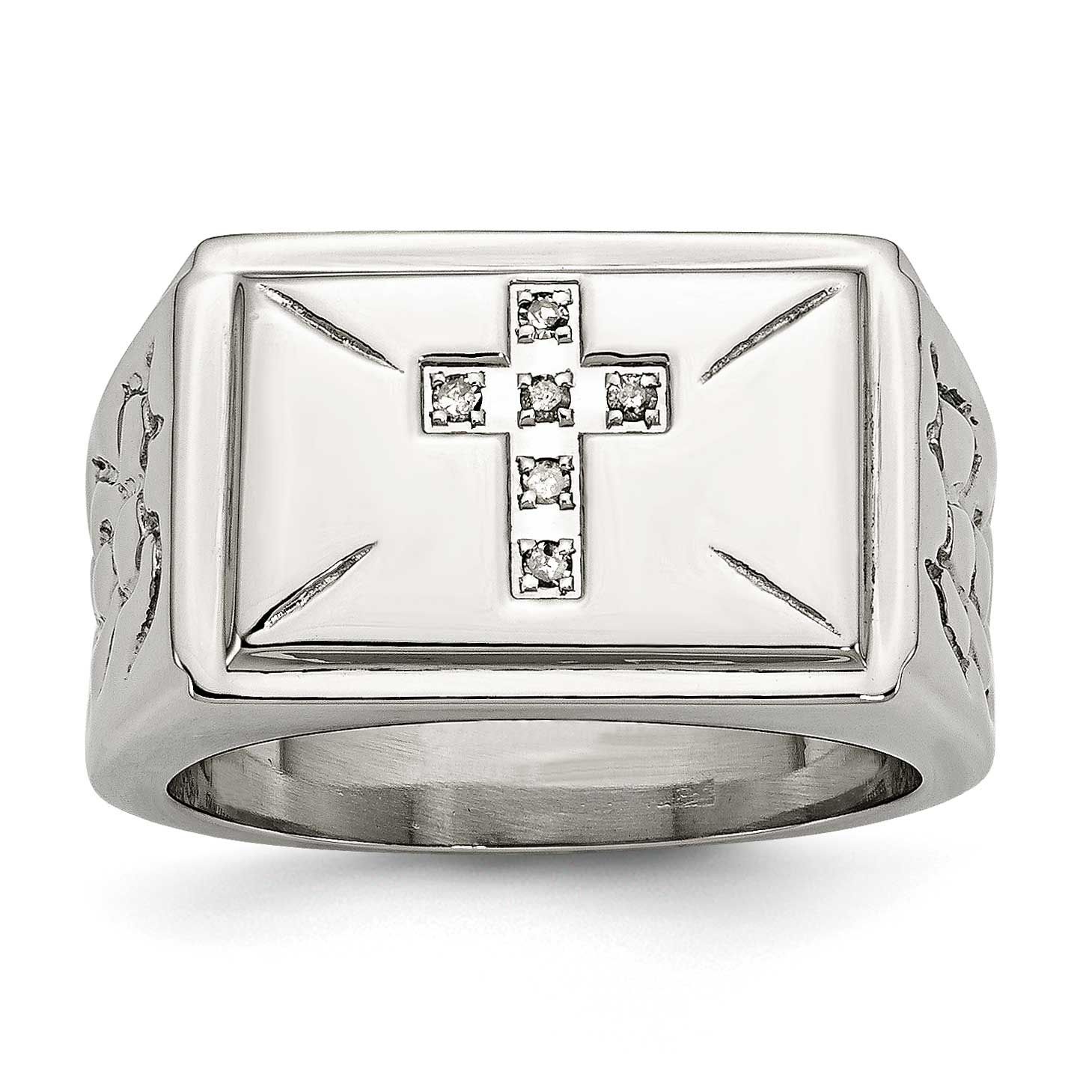 Textured 1/15 Carat Diamond Cross 13.25mm Band Stainless Steel Polished, SR211-11, 191101641688