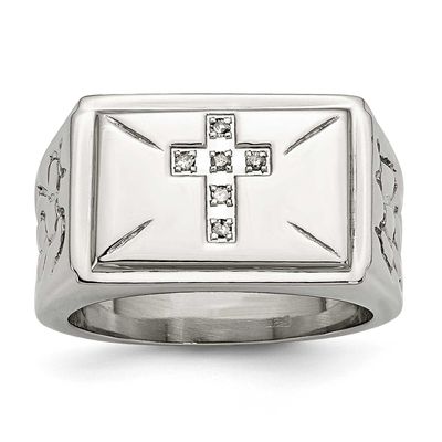 Textured 1/15 Carat Diamond Cross 13.25mm Band Stainless Steel Polished, SR211-11, 191101641688