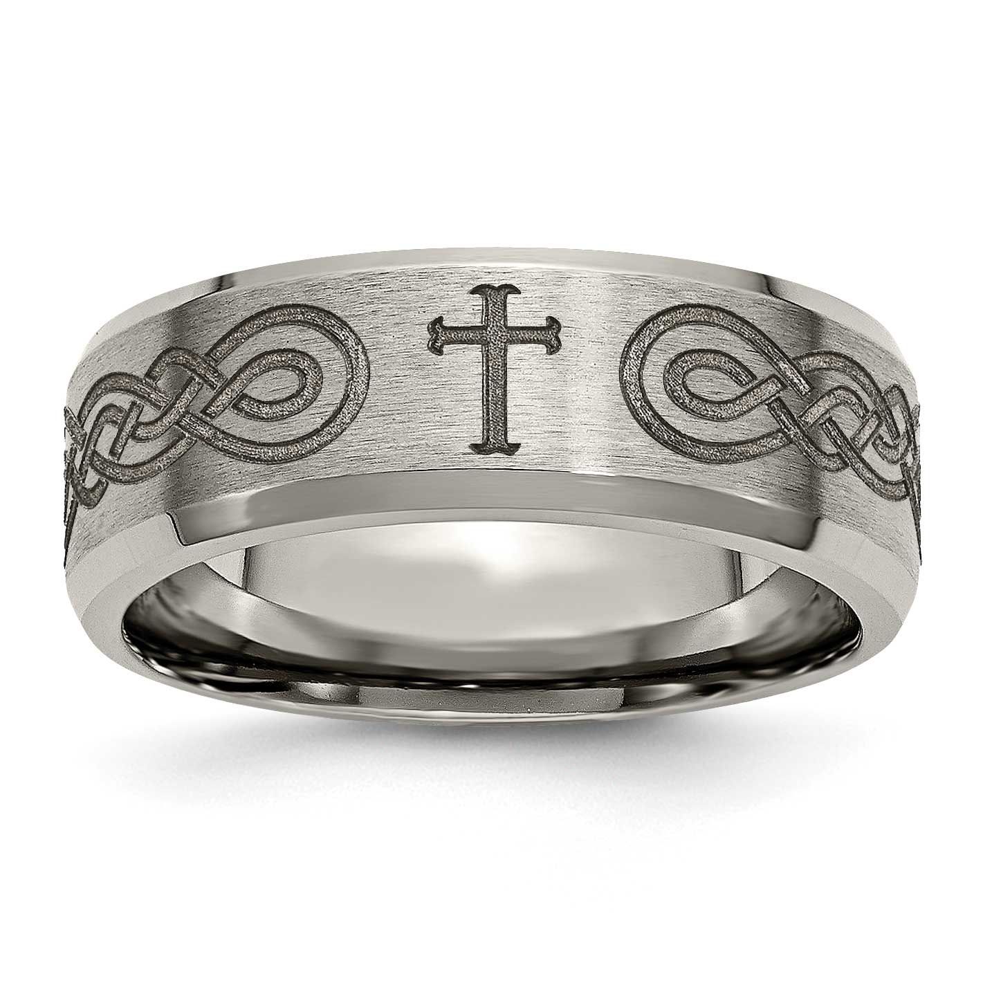 Cross Laser Design 8mm Beveled Edge Band Titanium Brushed and Polished, TB115P-11, 886774045207