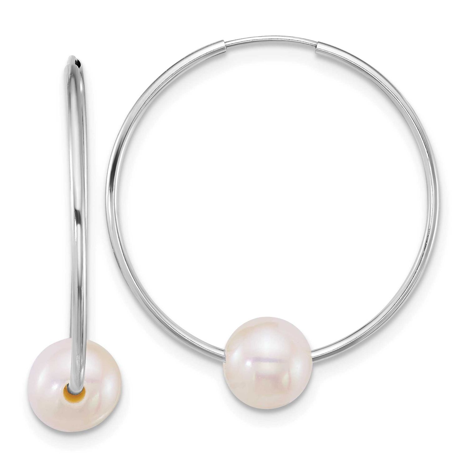 6-7mm White Semi-Round Freshwater Cultured Pearl Hoop Earrings 14k White Gold, XFW918E,