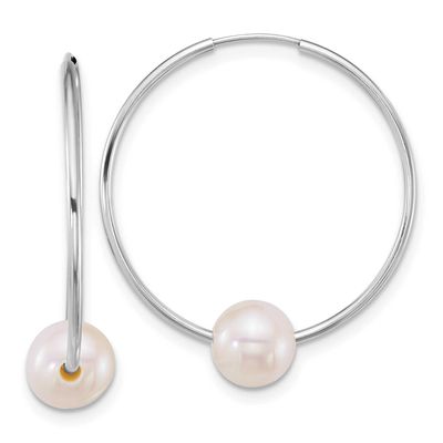 6-7mm White Semi-Round Freshwater Cultured Pearl Hoop Earrings 14k White Gold, XFW918E,