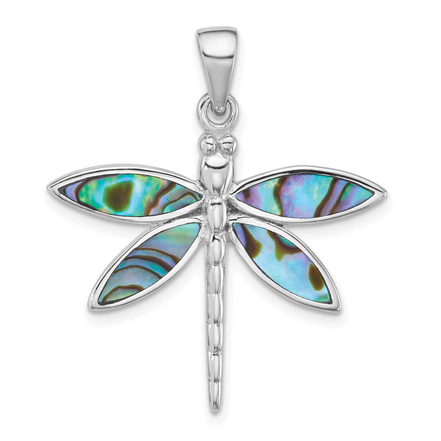 Polished Abalone Dragonfly Pendant Sterling Silver Rhodium-plated, QC11573,