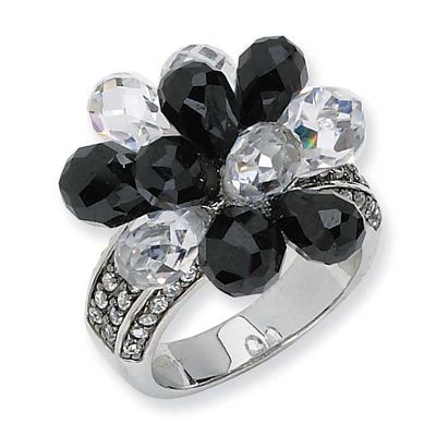 Briolette-cut Black/White CZ Ring Sterling Silver, QCM357-8, 886774015712