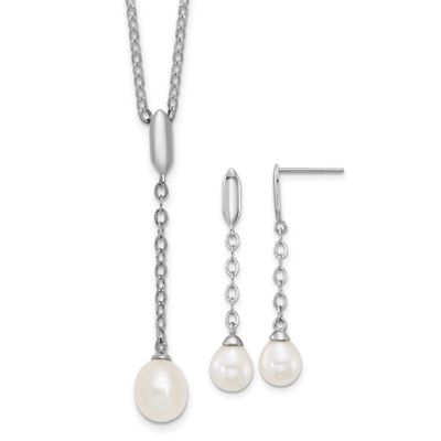 6-9mm White Teardrop Freshwater Cultured Pearl 16 inch Necklace and Post Dangle Earrings Set Sterli