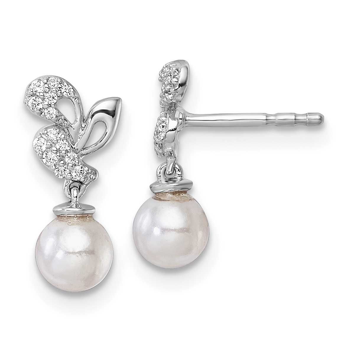 Polished Diamond and Pearl Dangle Post Earrings 14k White Gold, EM10186-010-WAA,