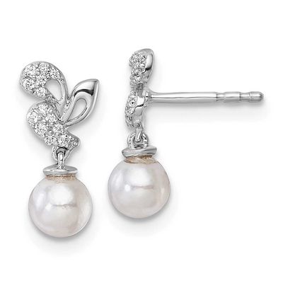 Polished Diamond and Pearl Dangle Post Earrings 14k White Gold, EM10186-010-WAA,