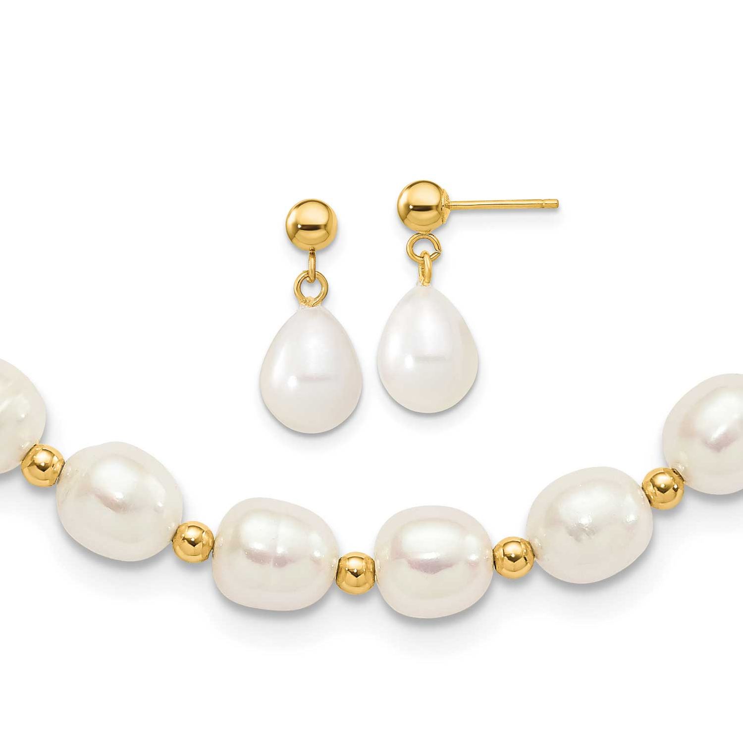 7-8mm White Rice Freshwater Cultured Pearl 18 inch Necklace and Bead Post Dangle Earring Set 10k Go