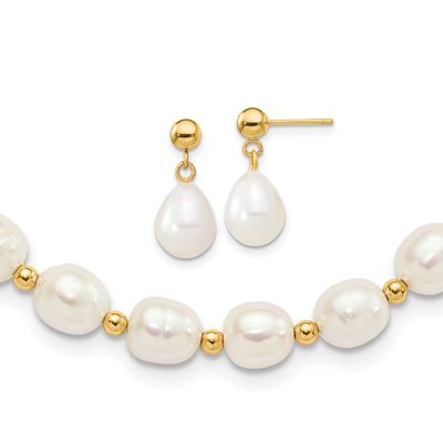 7-8mm White Rice Freshwater Cultured Pearl 18 inch Necklace and Bead Post Dangle Earring Set 10k Go