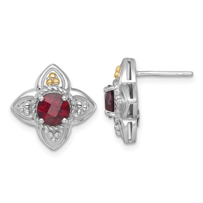 Shey Couture with 14k Accent Round Garnet Flower Post Earrings Sterling Silver Rhodium-plated, QTC1