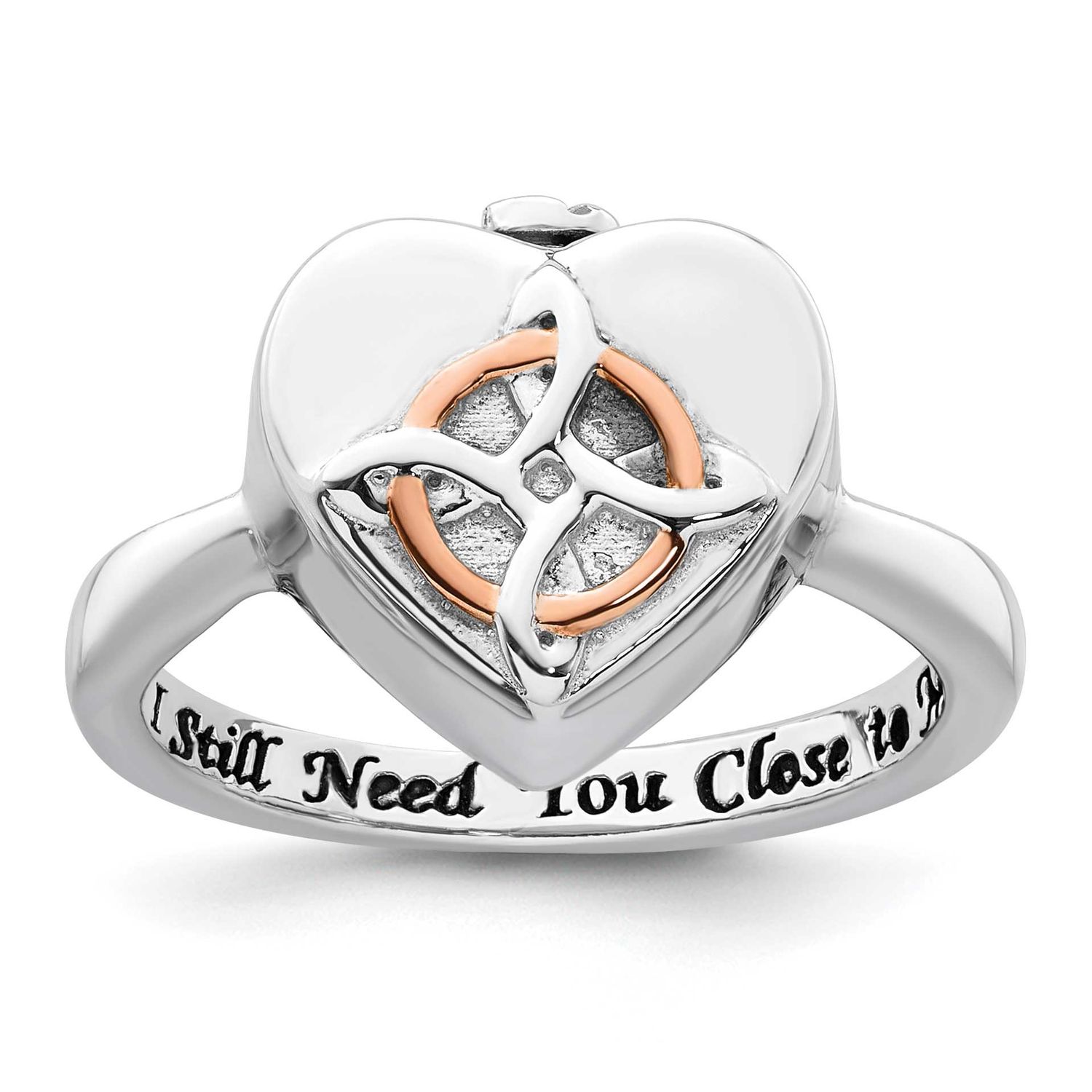 Rose-tone Celtic Heart Ash Holder Ring Sterling Silver Rhodium-plated, QR7648-6,