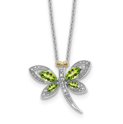 Sterling Silver/RH-pltd Peridot/Diamond Dragonfly 18in 2 ext Necklace 14k Gold, QG6770-18,