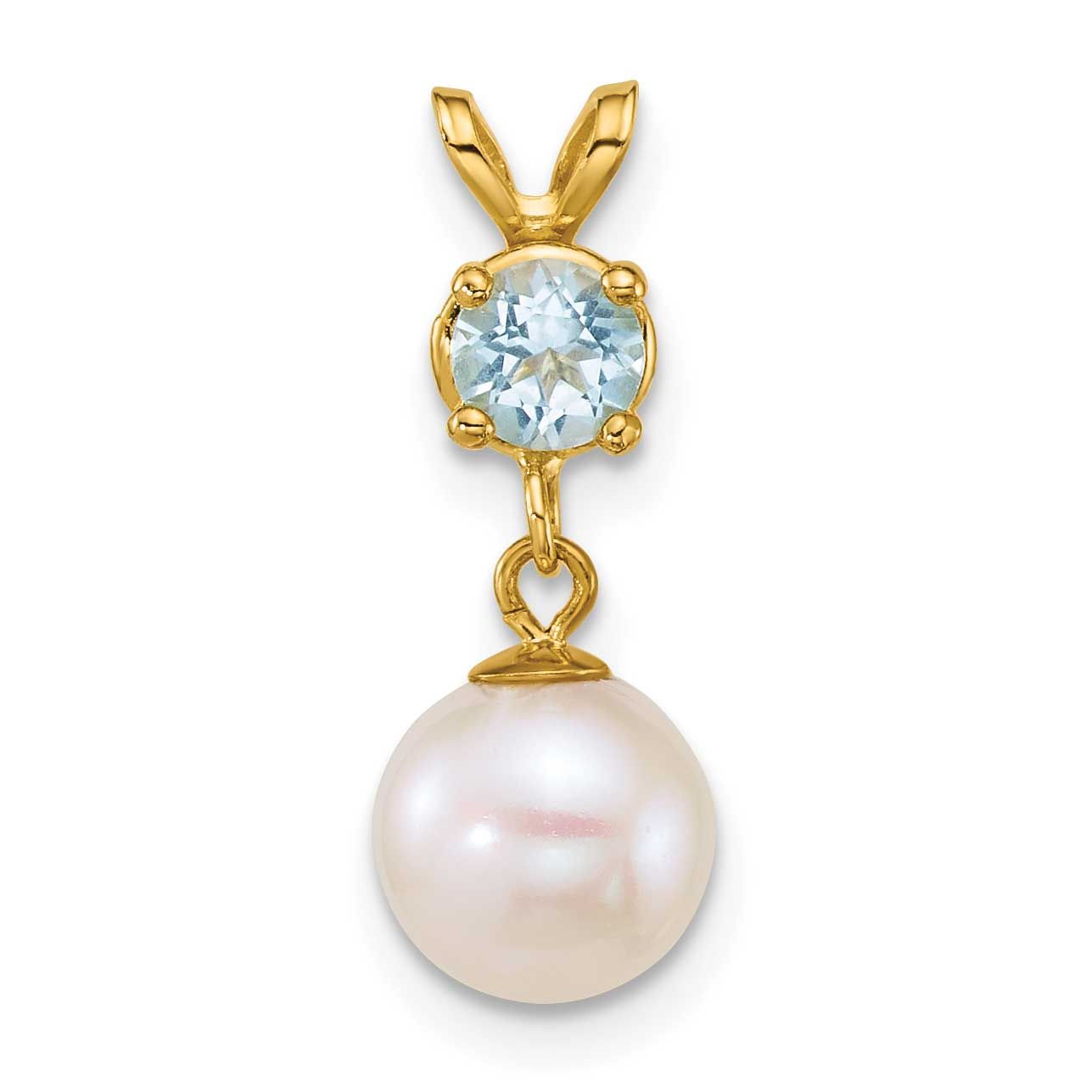 7-8mm White Round Freshwater Cultured Pearl and .35BT Blue Topaz Pendant 14k Gold, XF878/BT,