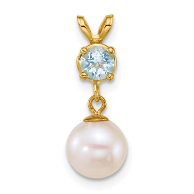 7-8mm White Round Freshwater Cultured Pearl and .35BT Blue Topaz Pendant 14k Gold, XF878/BT,